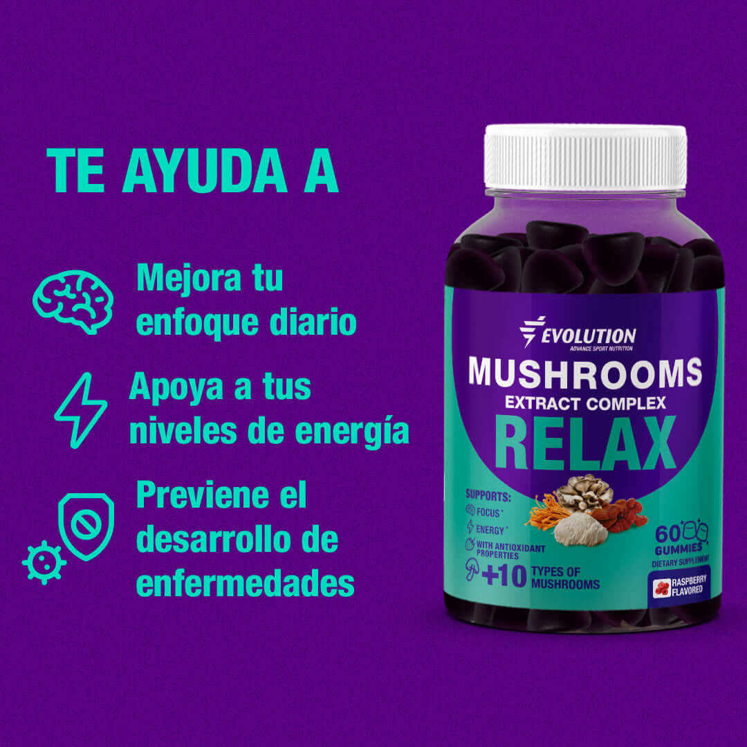 Gomitas de Mushroom Extract Complex Relax con 10 tipos de hongos, ricas en energía y apoyo diario.