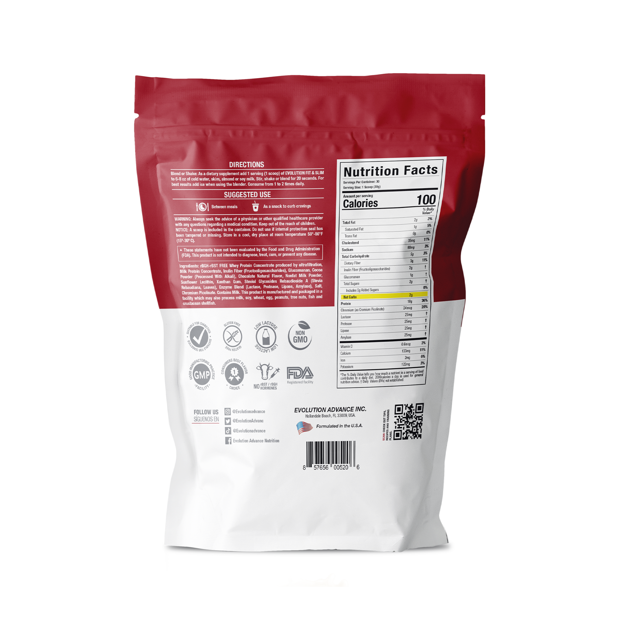 Envase de proteína en polvo Fit & Slim, con información nutricional y bajo en calorías.