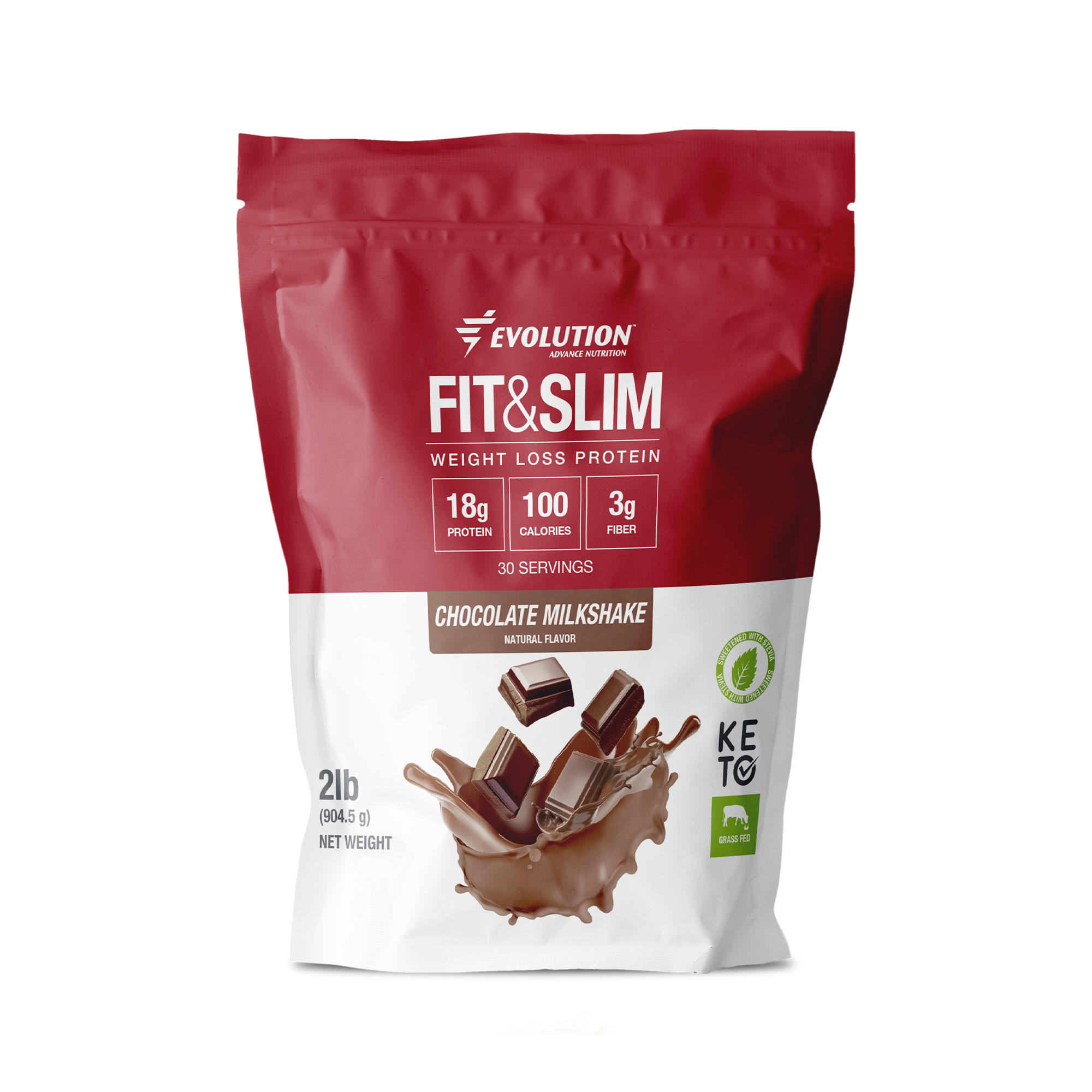 Bolsa de proteína en polvo Fit & Slim con sabor a chocolate, 18g de proteína, 100 calorías por porción.
