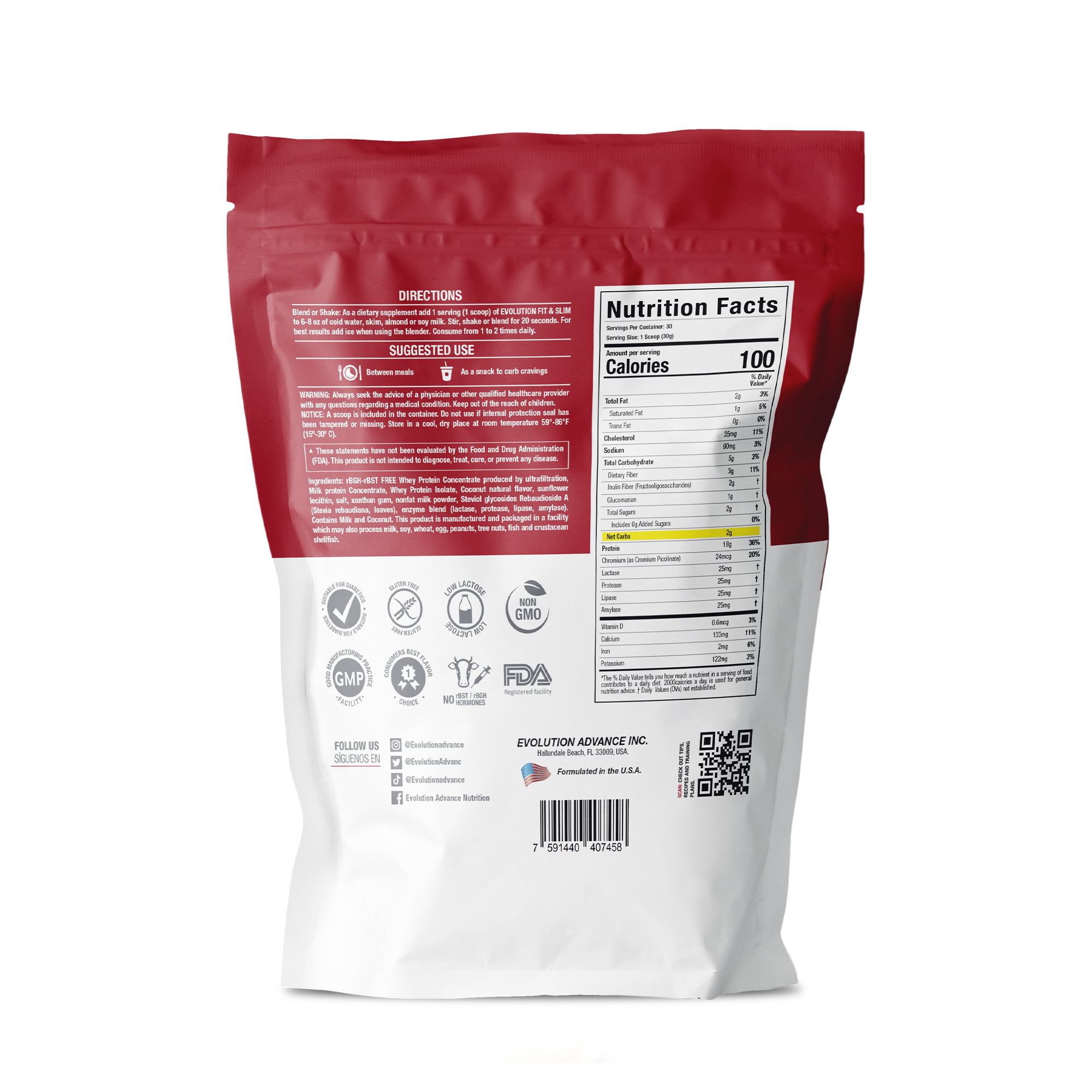 Bolsa de proteína en polvo Fit & Slim con información nutricional y direcciones de uso.