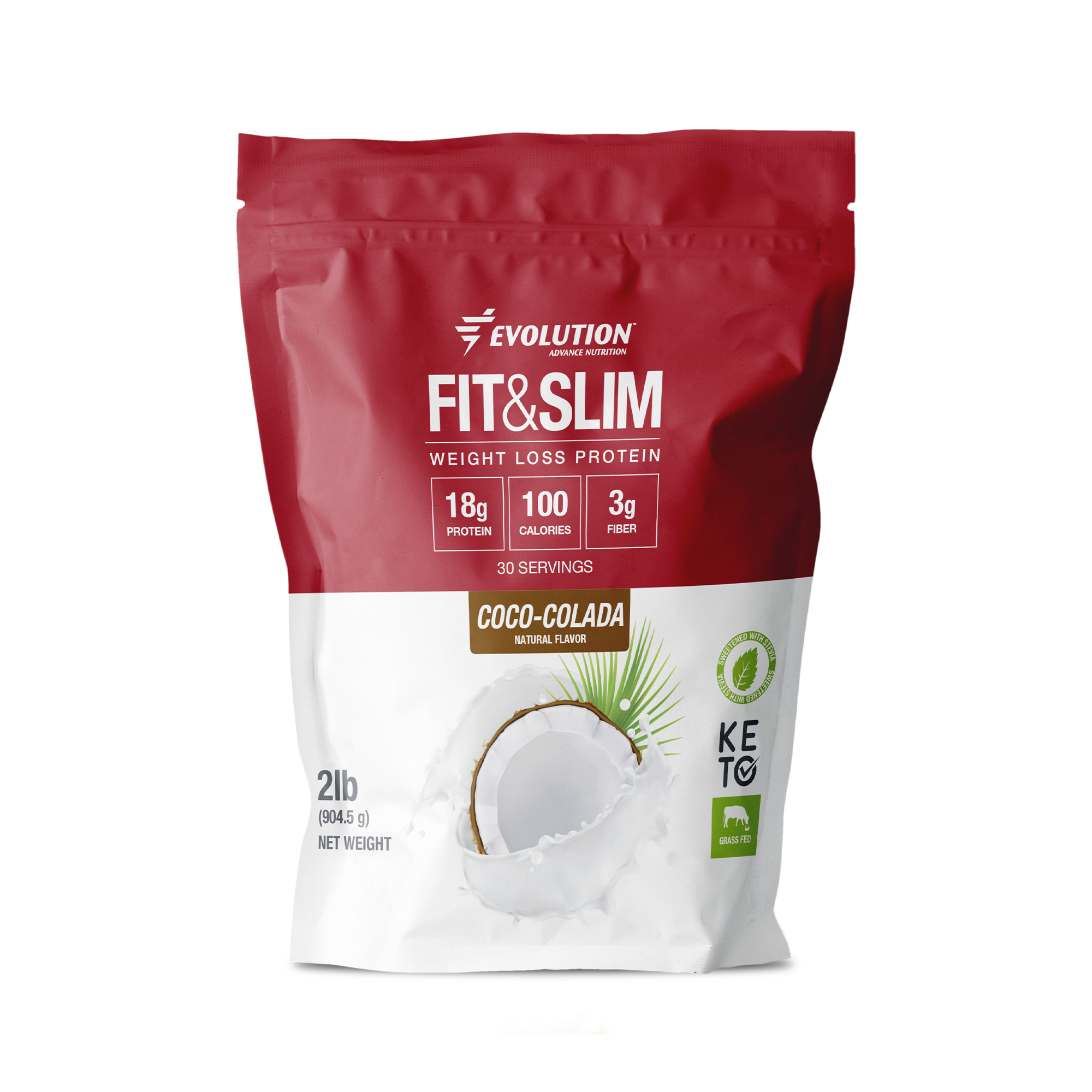 Proteína en polvo Fit & Slim sabor Coco-Colada, 18g de proteína, 100 calorías, ideal para pérdida de peso.