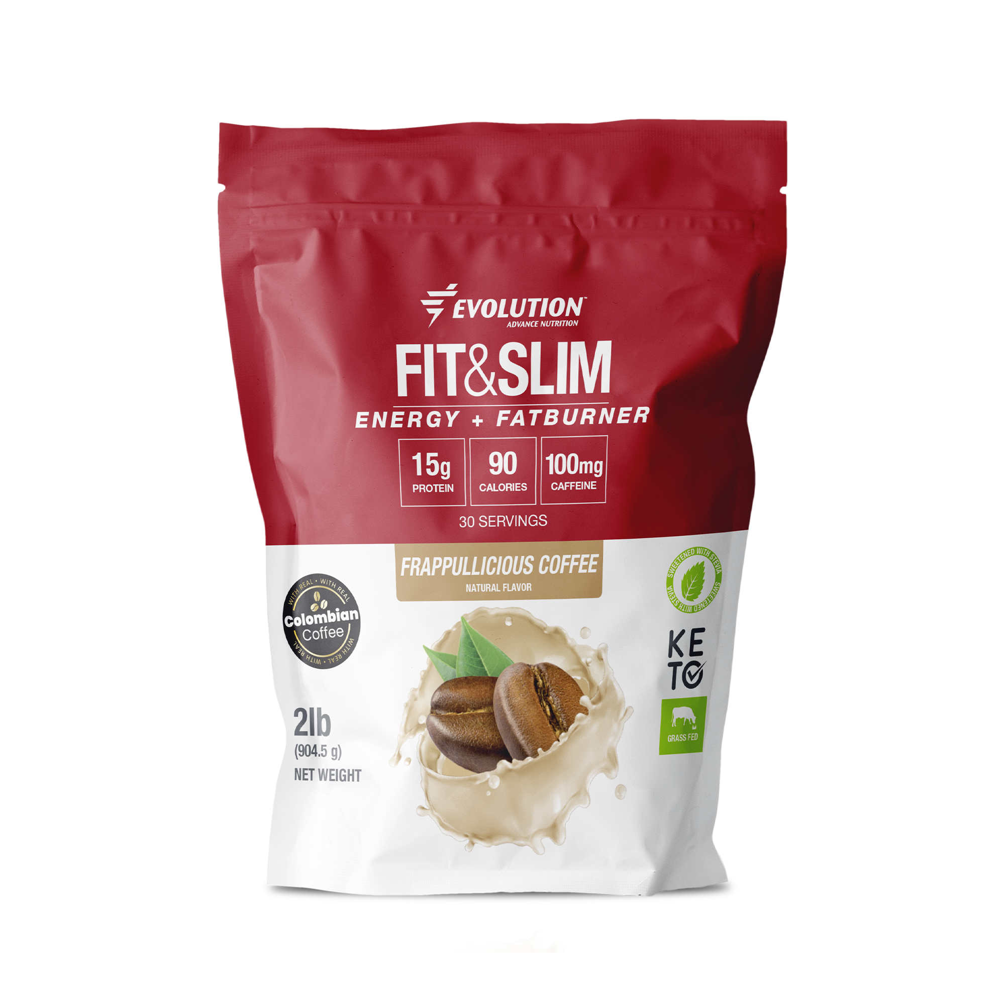 Proteína en polvo Fit & Slim, sabor Frappulicious Coffee, 15g de proteínas, 90 calorías por porción, 2 lb.