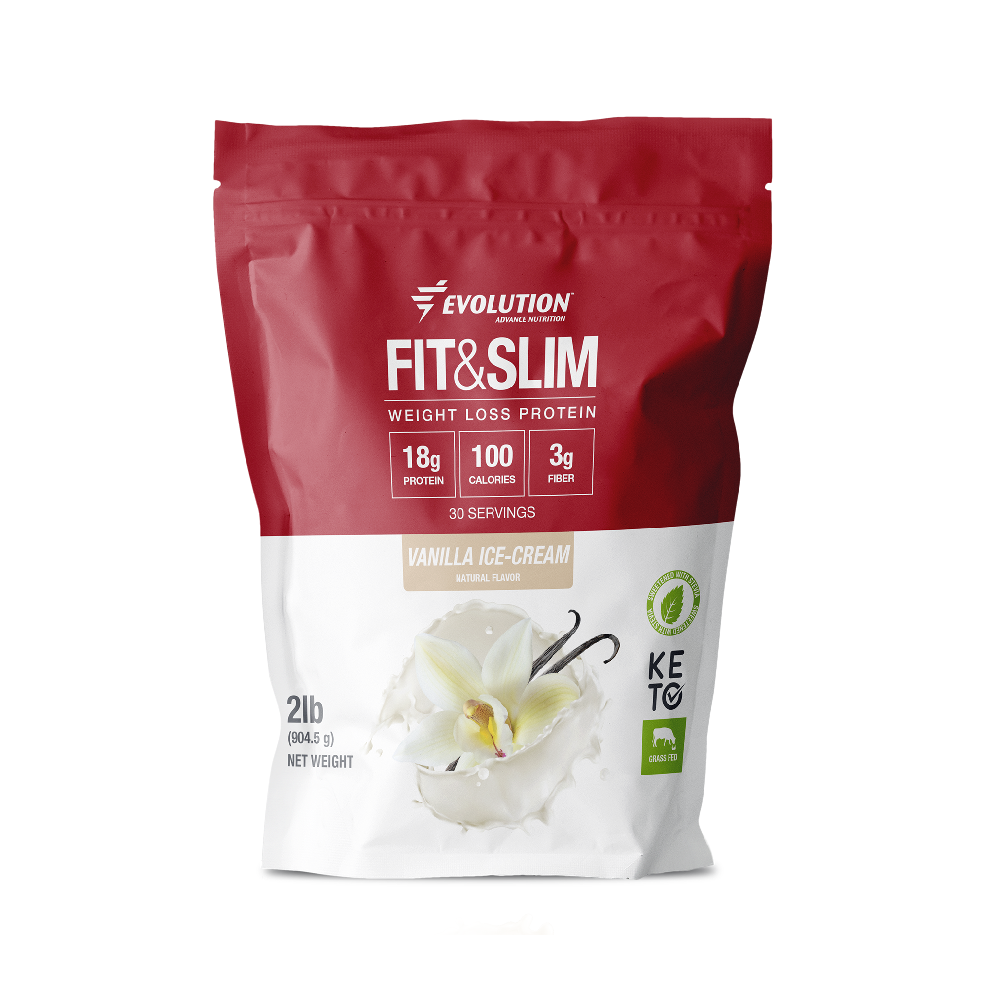 Proteína en polvo Fit & Slim de Evolution, sabor vainilla, bajo en calorías y alto en proteínas para pérdida de peso.