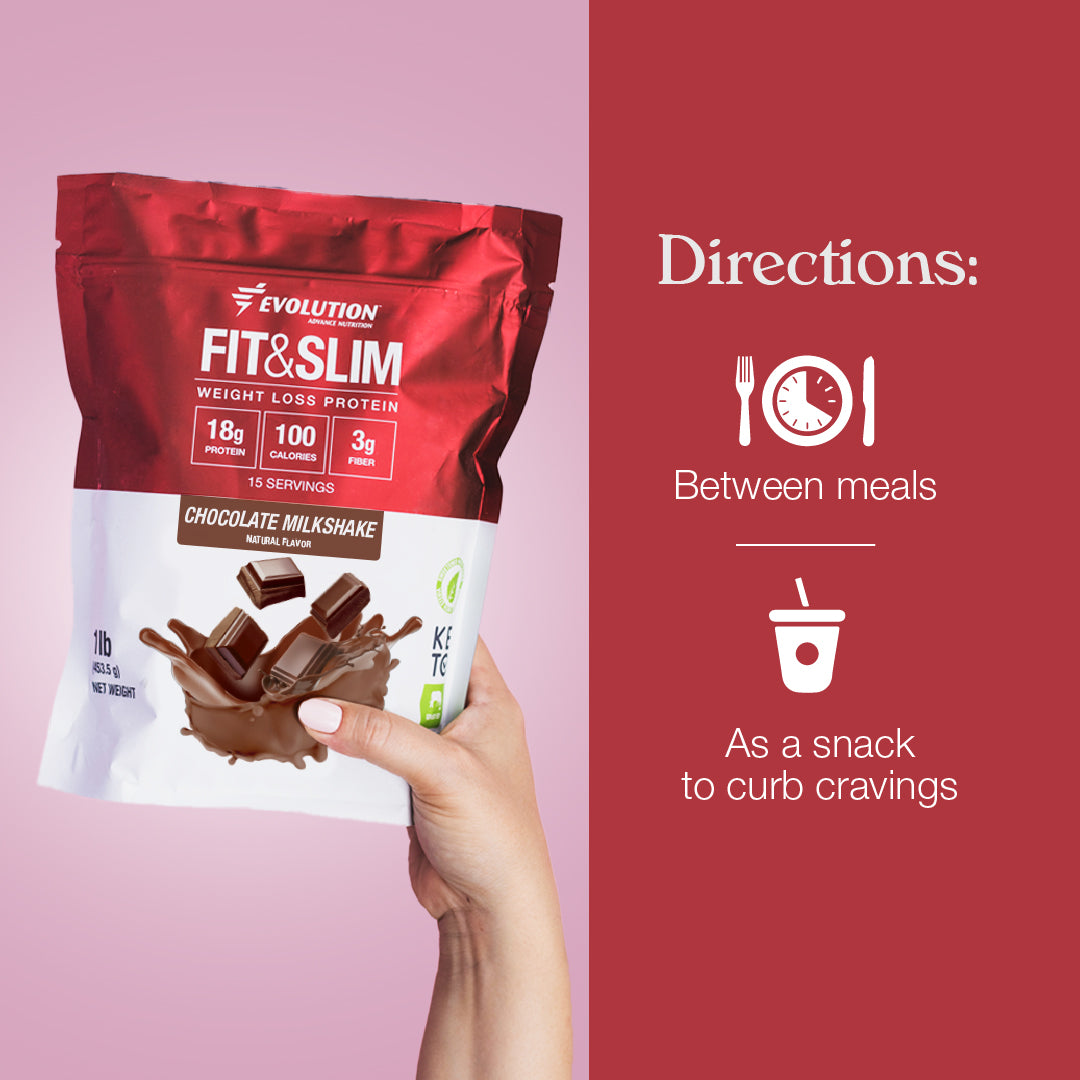 Proteína en polvo Fit & Slim sabor chocolate, ideal para controlar antojos y entre comidas, con 18g de proteína y solo 100 calorías.