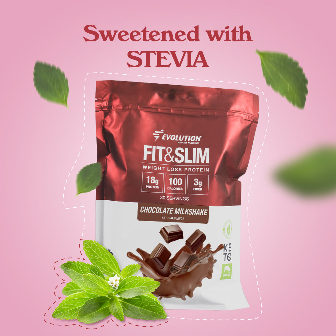 Paquete de proteína en polvo Fit & Slim sabor chocolate, con 18g de proteína por porción, endulzado con stevia.