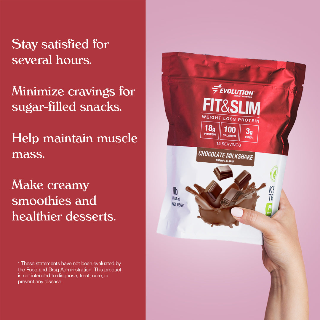 Saco de proteína en polvo Fit & Slim sabor chocolate con beneficios para controlar el hambre y mantener la masa muscular.