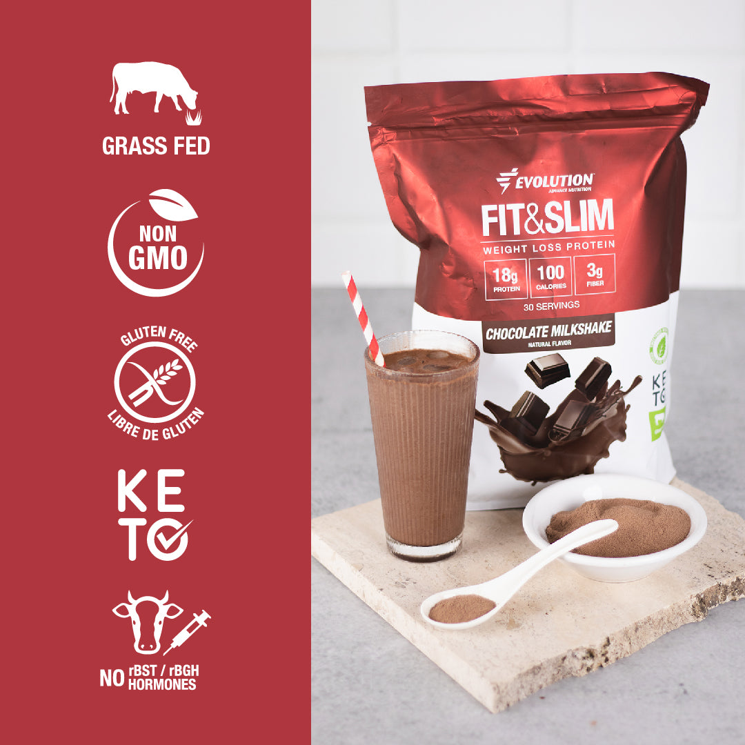 Bolsa de proteína Fit & Slim con batido de chocolate y calificaciones de productos, como libre de gluten y no GMO.