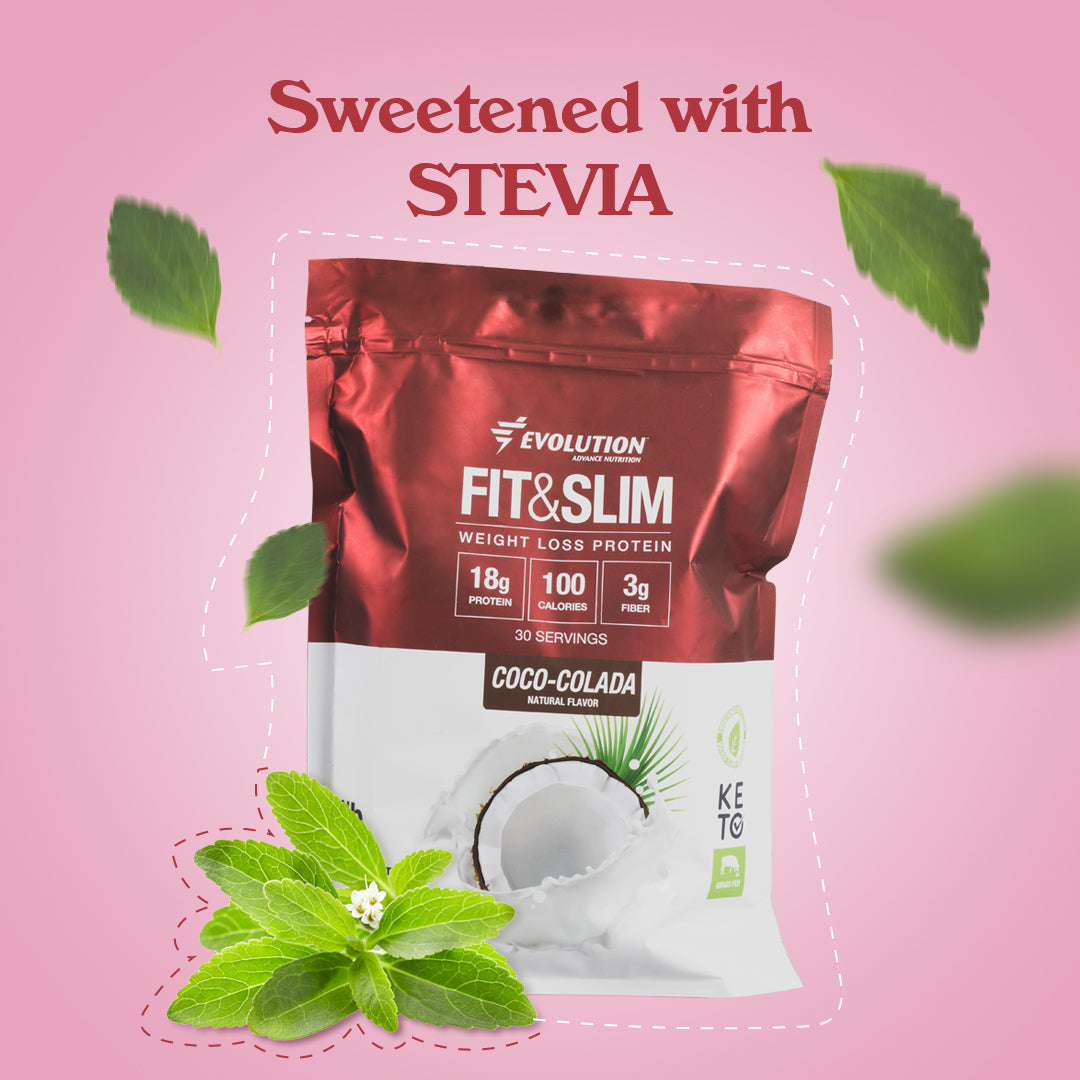 Proteína en polvo Fit & Slim sabor coco-colada, endulzada con stevia, 100 calorías y 18g de proteína por porción.