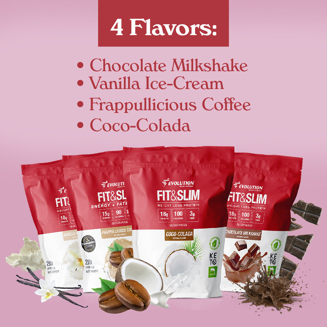 Proteína en polvo Fit & Slim en 4 sabores: Chocolate Milkshake, Vanilla Ice-Cream, Frappulicious Coffee y Coco-Colada.