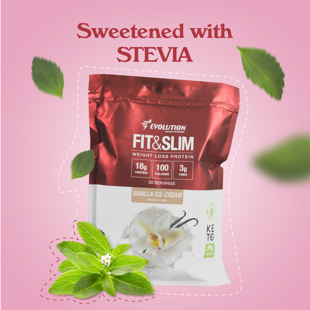 Proteína en polvo Fit & Slim sabor vainilla, endulzada con stevia, 18g de proteína, 100 calorías por porción.