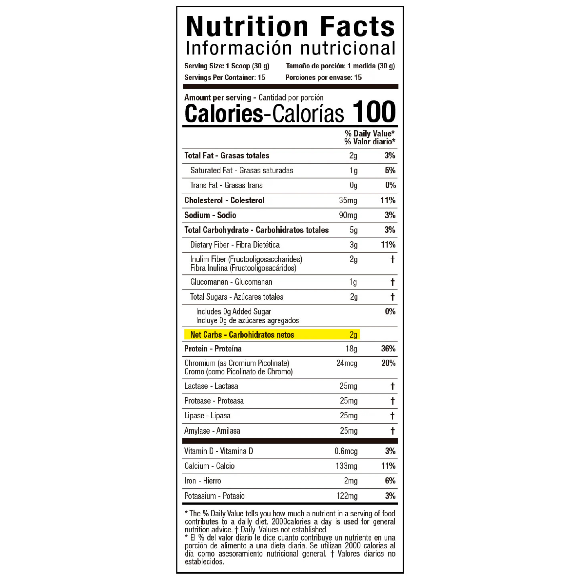 Información nutricional de proteína en polvo Fit & Slim con 100 calorías y 18g de proteína por porción.