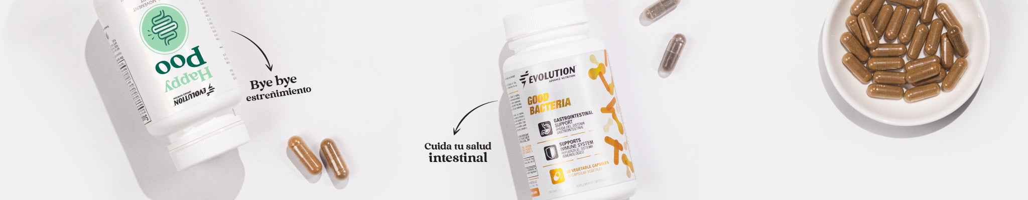 Cápsulas Happy Poo de Evolutuion Advance laxante suave para decirle adiós al estreñimiento y Cápsulas Good Bacteria para cuidar tu flora intestinal y tener un tracto digestivo saludable para mejorar digestión