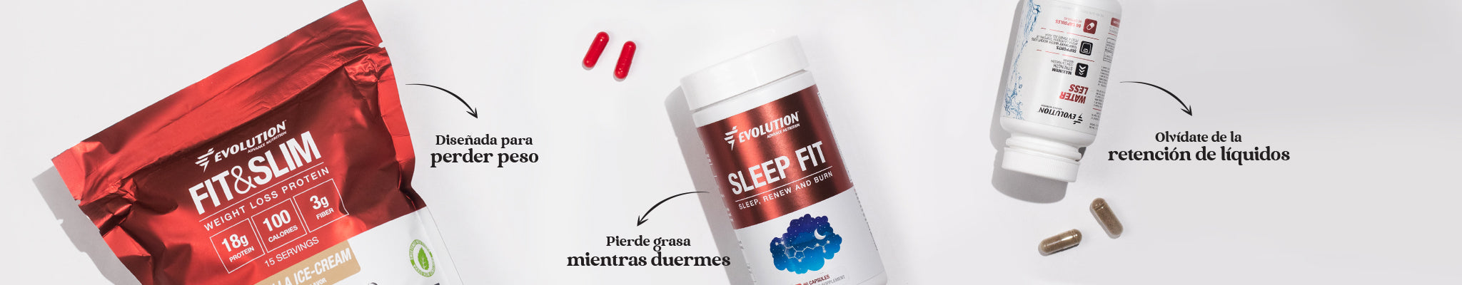 Envase de proteína Fit&Slim para bajar de peso,  Cápsulas de Sleep Fit para recuperar tu sueño natural y perder libras y disminuir el estrés, Cápsulas de Water Less para eliminar la retención de líquidos y suavizar la celulitis.