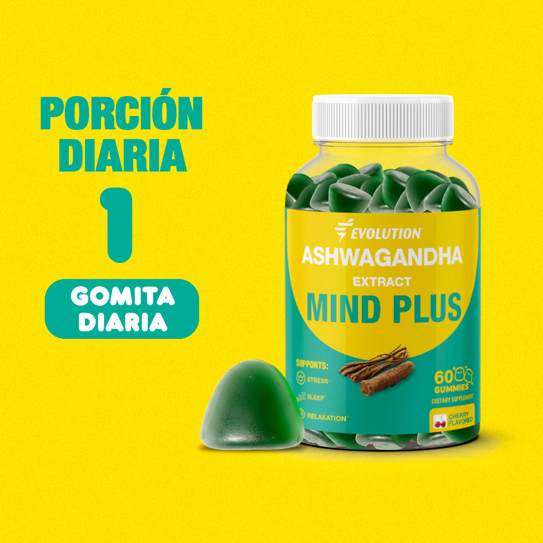 Evolution Ashwagandha Mind Plus Gummies bottle with green gummies, promoting stress relief and mental clarity.
