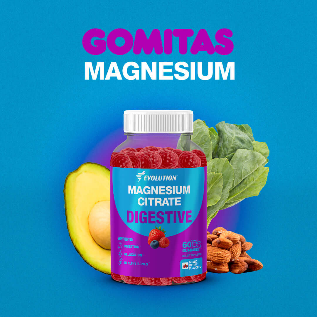 Gomitas de citrato de magnesio de Evolution, frascos con gomitas rojas, apoyo digestivo y magnesio esencial.