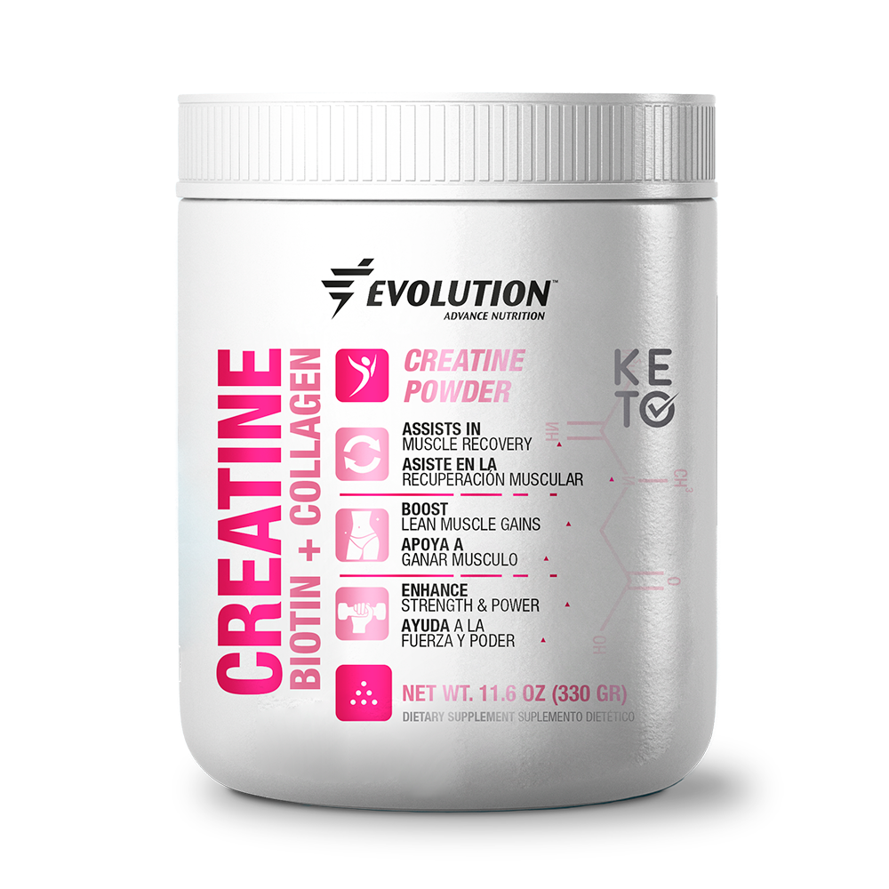 Frasco de Creatina con Colágeno y Biotina de Evolution Advance, 330 g, sin sabor