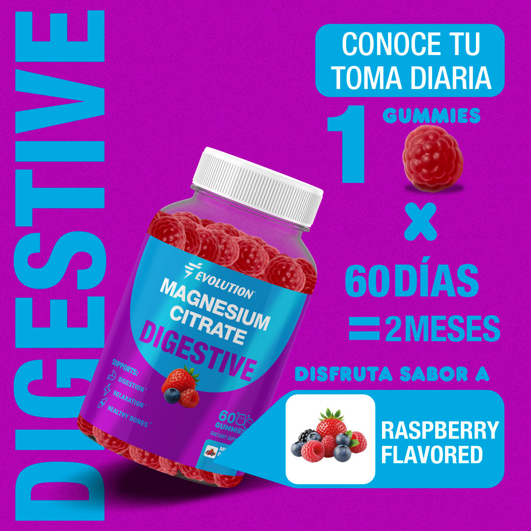 Gomitas de citrato de magnesio de Evolution, porción diaria para soporte digestivo y relajación.