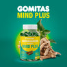 Evolution Ashwagandha Mind Plus Gummies bottle with ashwagandha root on a green background.