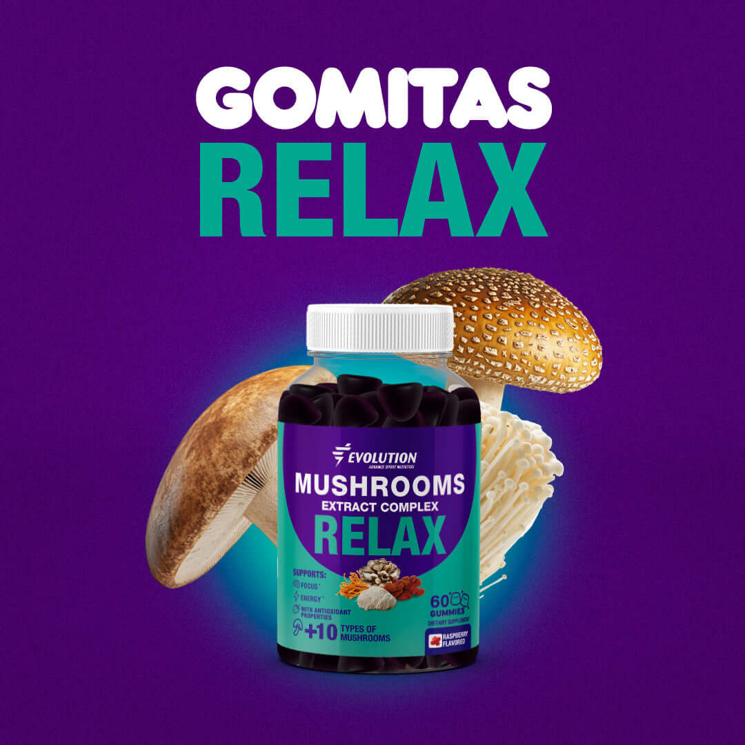Gomitas de Mushroom Extract Complex Relax with mushrooms and vibrant background