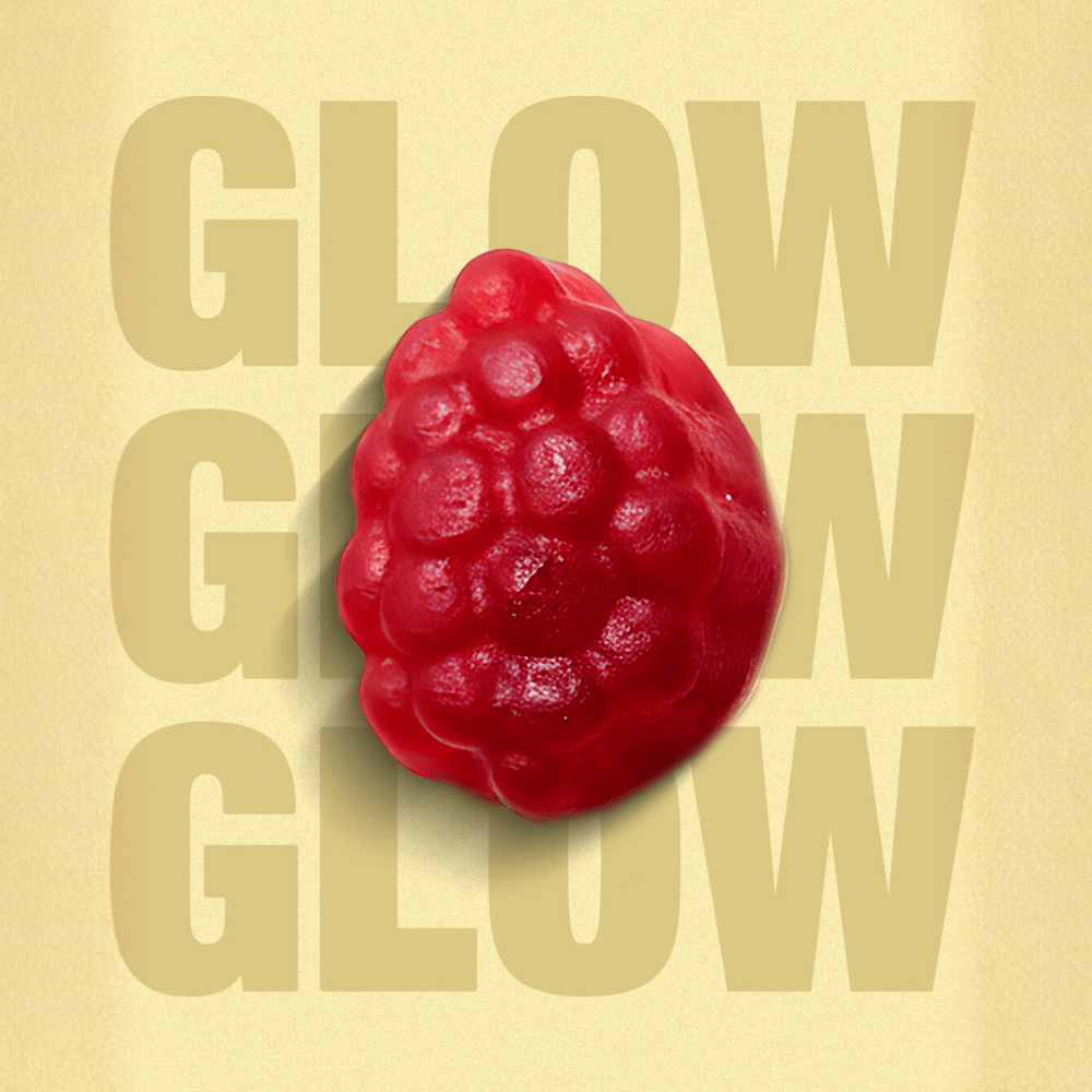 Evolution GLOW gummy vitamin, promoting beauty with Hair Skin & Nails Vitamins in a delicious raspberry flavor.