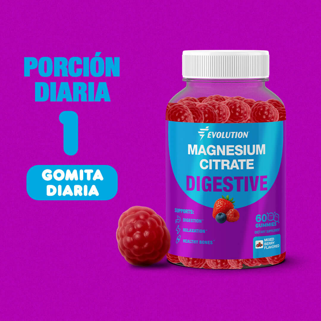 Gomitas de citrato de magnesio de Evolution, porción diaria para soporte digestivo y relajación.