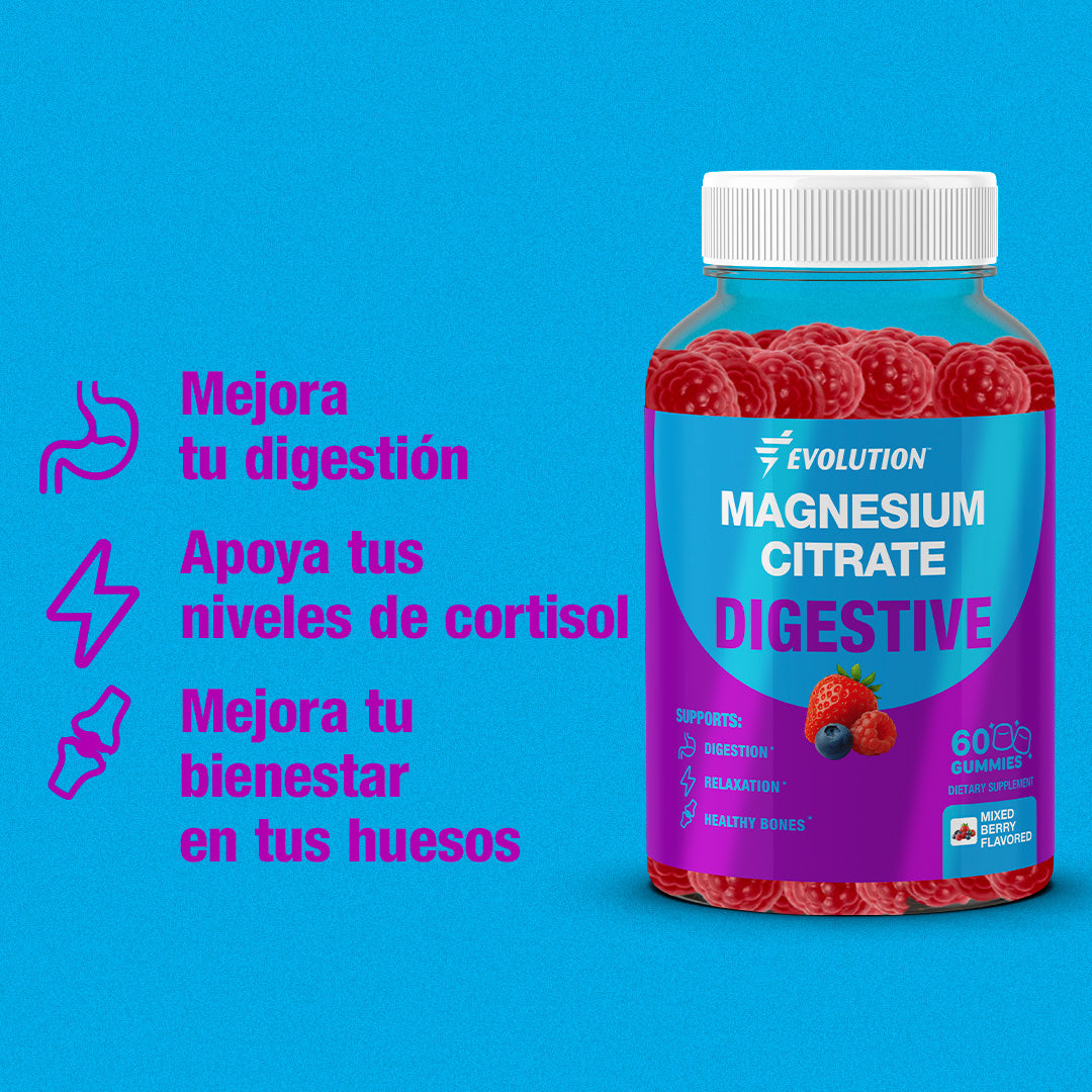Gomitas de citrato de magnesio de Evolution, soporte digestivo con beneficios para tus huesos y niveles de cortisol.