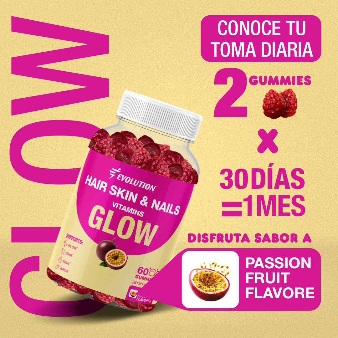 Evolution GLOW Hair Skin & Nails Vitamins, daily portion, 60 gummies, passion fruit flavor, supports beauty from within